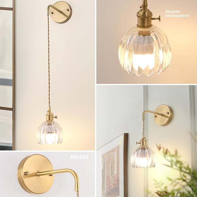 Battery Operated Wall Sconce with Clear Tulip Shade Pattern Glass Adjustable Chain Retro Gold Wall Mounted Light, Modern Wall Lamp Fixtures Decor for Bedside Bedroom Indoor Doorway