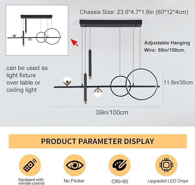 Modern LED Pendant Lights, Dimmable 39in Linear Wave LED Chandelier Lighting, Black & Gold Dining Room Hanging Light Fixtures Kitchen Island Globe Pendant Light for Dining Table (2704lm)