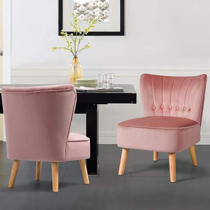 Giantex Set of 2 Modern Velvet Accent Chair, Small Upholstered Leisure Sofa Chair w/Wood Legs, Thickly Padded and Button Tufted, Armless Wingback Club Chairs for Living Room Bedroom Furniture, Pink