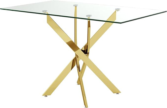 Tempered Glass Dining Table with Chromed Legs, 47" Modern Rectangular Kitchen Table for Dining Room Kitchen,Gold