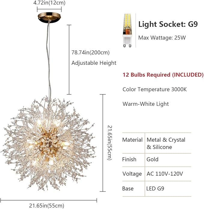 Firework Chandelier Gold, 12-Light Modern Crystal Chandelier Dandelion, 21.6" Stainless Steel Sputnik Pendant Hanging Light for Dining Room Bedroom