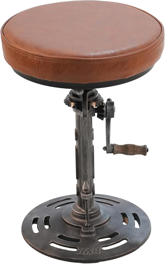 LOKKHAN American Antique Steampunk Deco Vintage Industrial Bar Cafe Stool, Retro Stylish Cast Iron Base Swivel Round Leather Top, Easily Adjusts by Crank Handle