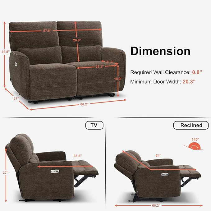 MCombo 60" Wall Hugger Power Loveseat Recliner Sofa with Adjustable Headrest, RV Reclining Loveseat with USB and Type C Charge Ports for Living Room 6924 (Brown, Loveseat)