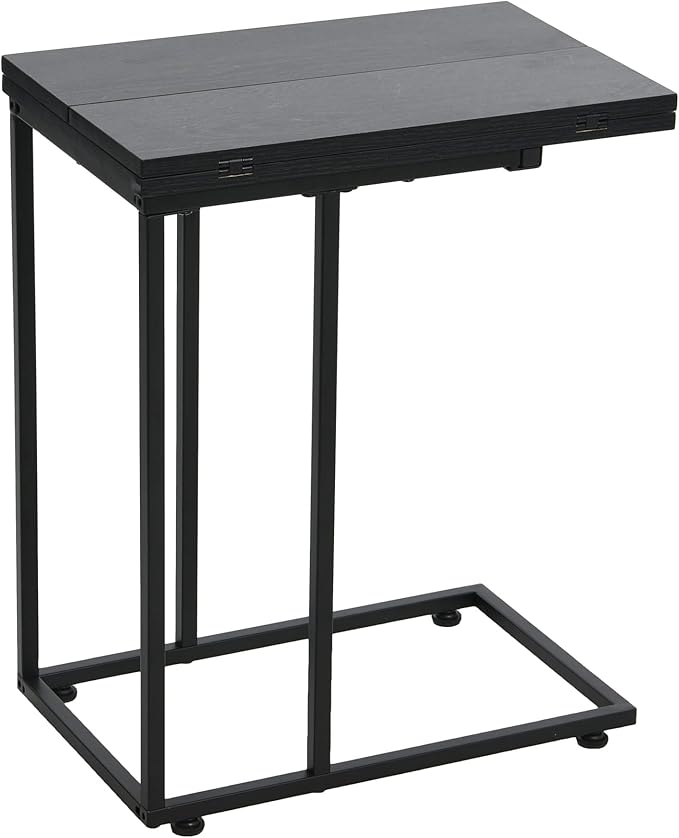 Household Essentials Jamestown Extendable C-Shaped for Accessiblity Side End Table Black Oak Wood Grain and Black Metal