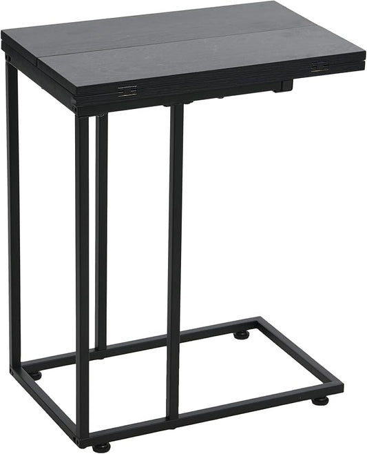 Household Essentials Jamestown Extendable C-Shaped for Accessiblity Side End Table Black Oak Wood Grain and Black Metal