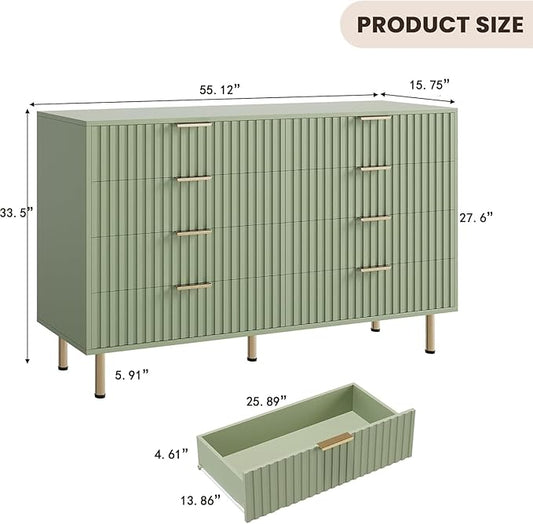 GarveeHome 8 Drawer Dresser for Bedroom, Fluted 55 in Wide Modern Chest of Drawers with Deep Drawers, Wooden Dresser Organizer for Living Room, Hallway, Kids Room, Green