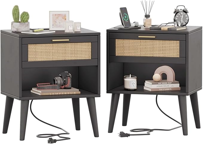 Irontar 17.7'' Wide Rattan Nightstand Set of 2, Bedroom Night Stand with Charging Station & Drawers, Boho Bed Side Table with Solid Legs, Accent End Side Table with Open Shlef, Black and Natural