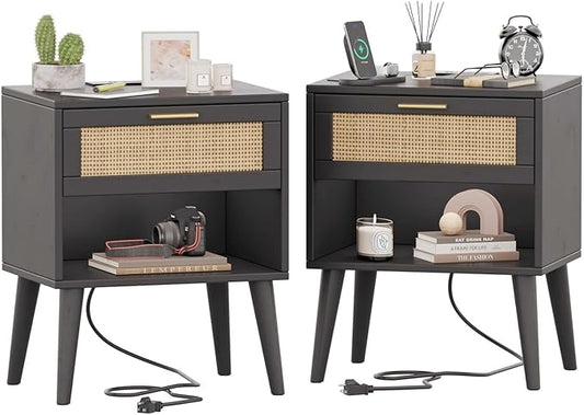 Irontar 17.7'' Wide Rattan Nightstand Set of 2, Bedroom Night Stand with Charging Station & Drawers, Boho Bed Side Table with Solid Legs, Accent End Side Table with Open Shlef, Black and Natural