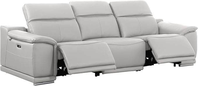 Blackjack Furniture Venice Top Grain Italian Leather Recliner 7 Seater 5 Power Reclining 3 Piece Sofa Set with Adjustable Headrests Modern Seating Sofa, Loveseat and Chair for Living Room, Light Grey
