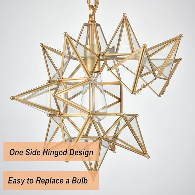 DIRYZON Modern Moravian Star Pendant Light for Kitchen Island Boho Gold Hanging Ceiling Light with Clear Glass Adjustable Chain,16 Inch