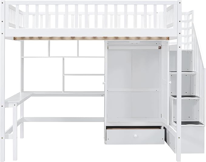 Full Loft Beds Stairway Loft Bed Frame with Wardrobe, Desk, Bookshelf and Drawers, White