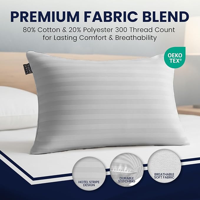 Bed Pillows for Sleeping, Set of 2 – Cooling, Hotel Quality with Soft Down Alternative Fill for Back, Stomach & Side Sleepers | White Striped Standard
