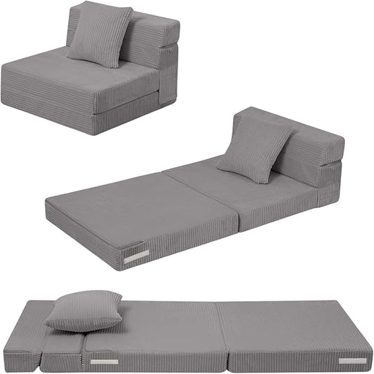 MeMoreCool Folding Sofa for Kids, Corduroy Fold Out Futon Chair, Small Foldable Floor Mattress, Portable Children Couch Sofa, Light Grey