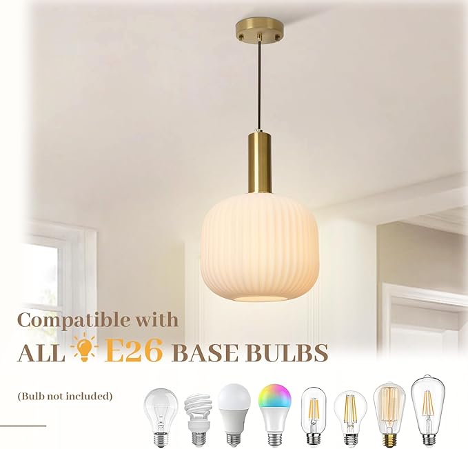 Milk Glass Pendant Light, Mid Century Modern Pendant Lighting with Striped Glass Globe, White and Gold Pendant Ceiling Light Fixture for Kitchen Island Dining Room Bedroom Hallway