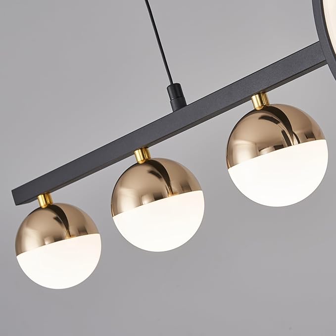 Modern Black Gold Chandeliers for Dining Room, Dimmable LED Chandelier Linear Pendant Light for Kitchen Island, 39in Globe Haning Pendant Chandelier Lighitng with Remote (2 Rings, 3000lm)
