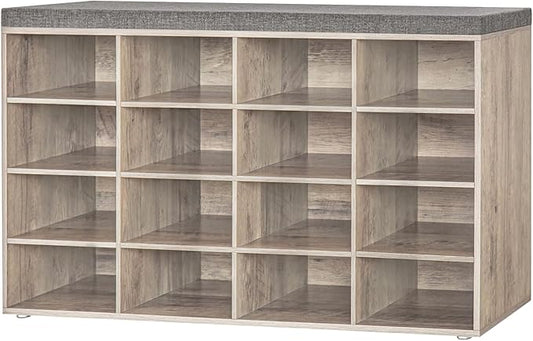 DINZI LVJ Shoe Storage Bench with Cushion, 16-Cubby Shoe Rack, Adjustable Shelves, Multifunctional Shoe Organizer Bench for Entryway, Mudroom, Hallway, Living Room, Bedroom and Garage, Greige