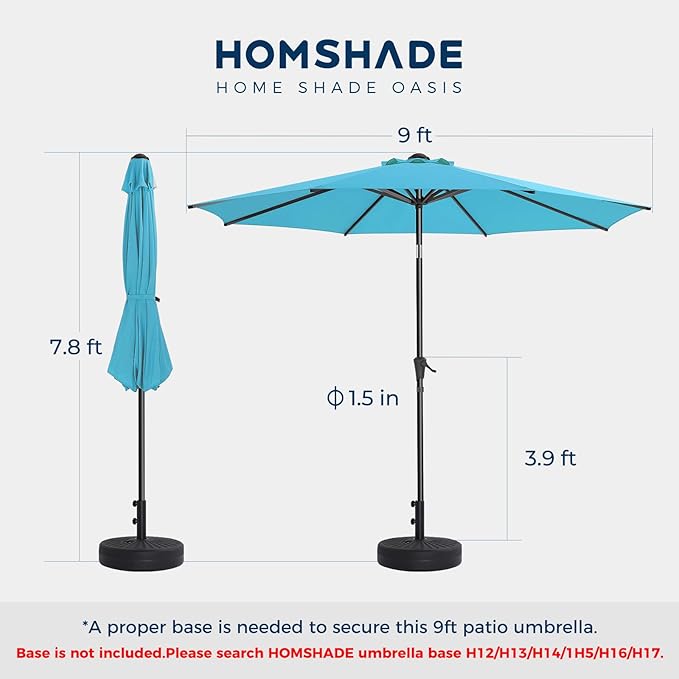 HOMSHADE Outdoor Patio Umbrella - Market Table Pool Deck Umbrella with Push Button Tilt, Crank, UPF50+ UV Protection and Sturdy Ribs, 3-Year Fade Resistance, 220GSM Solution-Dyed Fabric (No base)