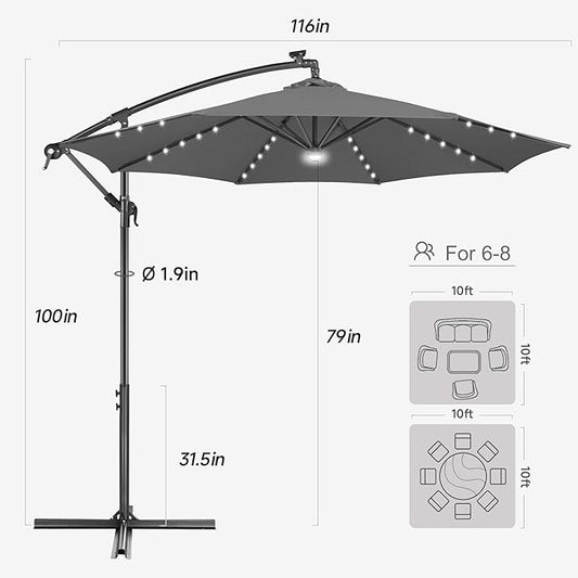 FLAME&SHADE 10ft Solar Cantilever Umbrella with 40 LED Lights, Lighted Large Offset Outdoor Patio Umbrellas, 8 Sturdy Ribs, UPF50+ UV Protection for Pool Deck Garden Yard, Anthracite