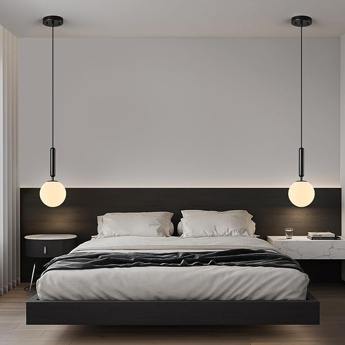 Modern Hanging Light Fixture Pendant Lighting for Kitchen Island Mid Century Black Pendant Lights with Globe Milky White Glass Pendant Light for Bedroom Bathroom Entryway (3 Pack)