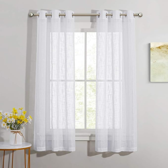 NICETOWN White Sheer Curtains 63 inch Length, Grommet Semi Sheer Linen Texture Small Window Treatments Privacy Curtain Lights for Bedroom, 34" Width, Set of 2