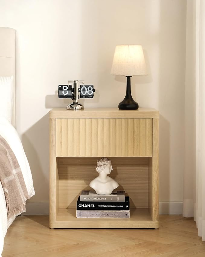 Night Stand Fluted Nightstand with Drawers, Wood Bedside Table with Storage Shelf, Bed Side Table for Bedroom, End Tables Living Room, Farmhouse Nightstands Night Stands, Sofa Side Tables