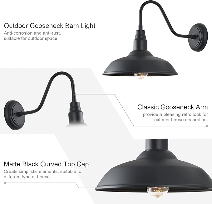 14 Inch Outdoor Gooseneck Light Fixture for Porch, 2 Pack Large Exterior Barn Lights for Farmhouse, Black Outside Wall Sconce for Porch Patio Garage
