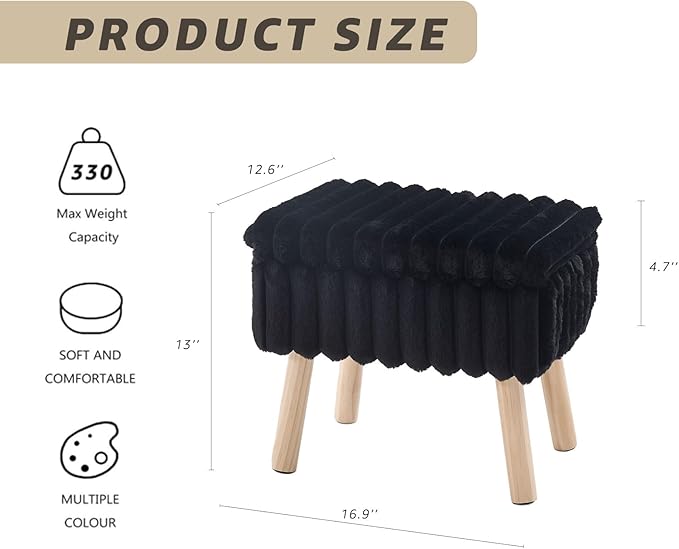 Wimarsbon Storage Ottoman,Soft Faux Fur Footstool with Padded Seat, Small Reading Vanity Chair, Footrest with Wood Tray for Couch, Mini Coffee Table or Display Stand (Black)