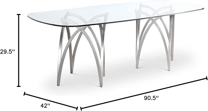 Meridian Furniture 554-T Madelyn Collection Modern | Contemporary Brushed Chrome Base Dining Table with 15MM Glass Thickness, 87" W x 39.5" D x 30" H, Silver