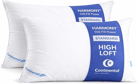 Continental Bedding Harmony White Goose Down Pillow 550 Fill Power Firm Loft 100% Cotton 300 Thread Count Shell Standard Size 2 Pack Made in USA