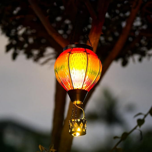 DREAMSOUL 2 PCS Solar Hot Air Balloon Lantern with Flame, Glass Hanging Solar Lanterns Outdoor Waterproof for Lawn Patio Porch Decor