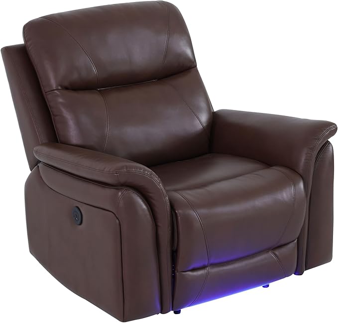 Power Recliner Chair for Living Room, Air Leather Reclining Chair with LED Lighting&USB for RV (Brown)