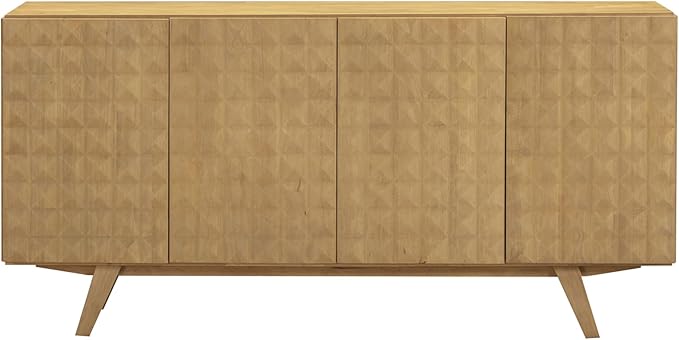 NTC Sapa Mid-Century Modern Solid Wood Sideboard – 4-Door Accent Buffet Cabinet with Carved Geometric Fronts, for Living Room, or Entryway, Effortless Assembly, Sand