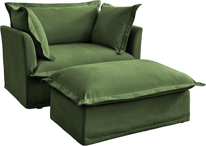 KEIKI Oversized Accent Chair with Ottoman, Chaise Lounge Chair with 2 Pillows, Armchair Sets, Oversized Sofa Bed, Sleeper Couch Reading Chairs for Living Room, Green