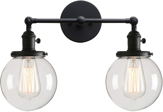 PERMO Double Sconce Vintage Industrial Antique 2 Lights Wall Sconces with Dual 5.9" Round Clear Glass Globe Shade (Black)