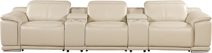 Blackjack Furniture Venice Top Grain Italian Leather Power Recline 5 Piece Sofa - 134" Theater Seating Modern Couch for Living Room Apartment Lounge Home with Adjustable Headrests & USB Port, Beige