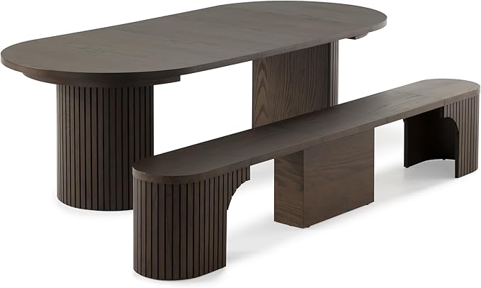 Transformer Table - Solid Wood Extendable Round Dining Table Set with Bench, Seats 4-10, Extendable Round Dining Set, Seat with Hidden Panel Storage, Dark Brown (Table + Bench)