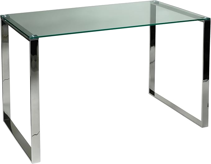 Cortesi Home Remi Glass Top Desk with Chrome Finish Stainless Steel, 48"x24"