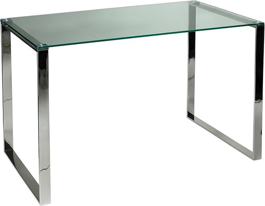Cortesi Home Remi Glass Top Desk with Chrome Finish Stainless Steel, 48"x24"