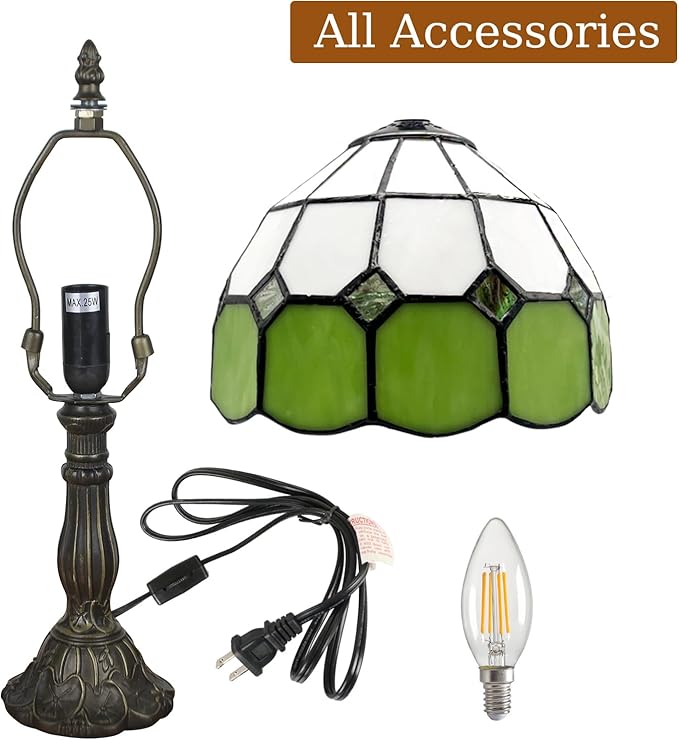Table Lamp Tiffany-Style 8 Inch Mediterranean Series Stained Glass Lampshades Small Bedside Lamp Reading Antique Desk Light Livingroom Bedroom Office Vintage Art De(Color:Green)