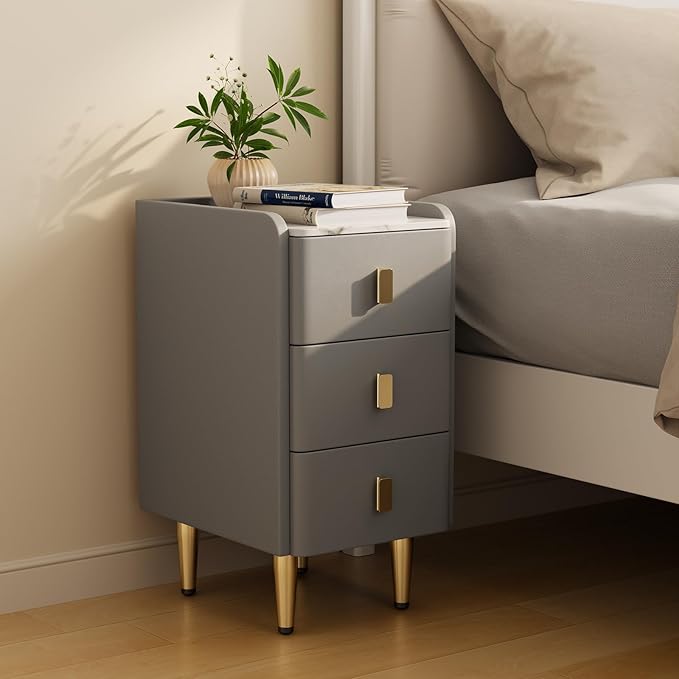 AQIMUELE Narrow Nightstand with Drawers, Narrow Side Table Leather, Small Bedside Tables for Bedroom. (Dark Gray)
