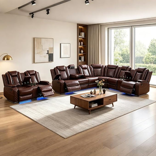 Power Reclining Sectional Sofa with LED, Leather Recliner Couch for Living Room/Home Theater, Sectional Reclining Couches with USB Port/Hide-Away Storage