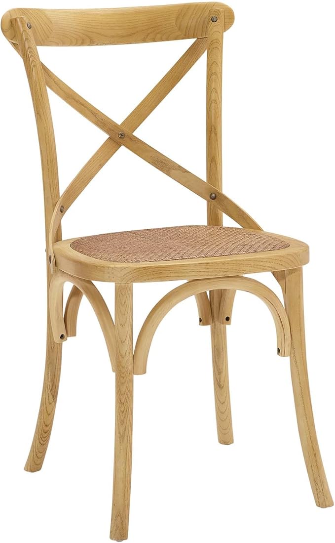 Modway Gear Rustic Modern Farmhouse Elm Wood Rattan Four Dining Chairs in Natural