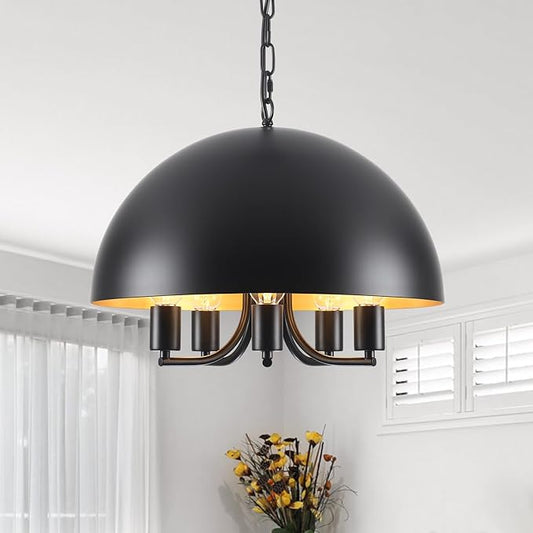 Black and Gold Ceiling Light - 17.7 Inch Black Large Farmhouse Dome Dining Room Chandelier 5-Lights Kitchen Island Pendant Hanging Lighting Modern Foyer Entryway Hallway