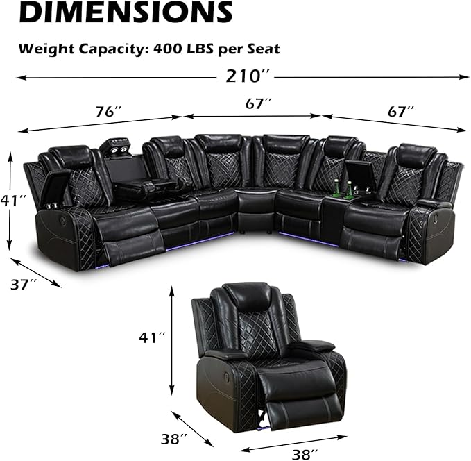 Leather Power Recliner Sectional Sofa Set with LED Light,L Shaped Leather Couch Set with Recliner Chair,Modular Corner Sofa with USB Ports for Living Room Furniture(Black, Sectional+Chair)