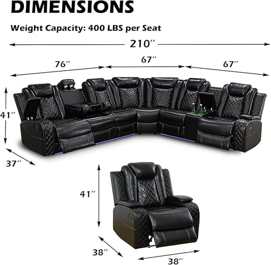 Leather Power Recliner Sectional Sofa Set with LED Light,L Shaped Leather Couch Set with Recliner Chair,Modular Corner Sofa with USB Ports for Living Room Furniture(Black, Sectional+Chair)