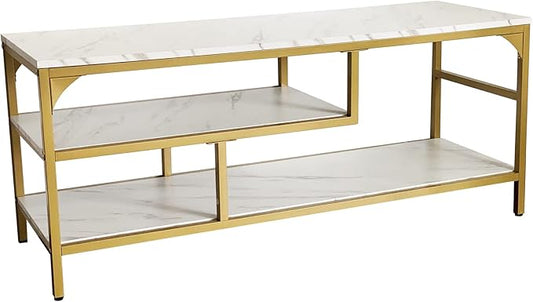 AT-VALY 3-Tier Stand for TV Media Console Table with Open Shelving Storage for Living Room Bedroom (Gold Frame with White Faux Marble top PB Board)
