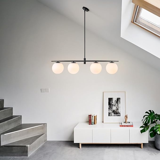 Black 45.3" Linear Chandeliers for Dining Room 4-Lights Milk Glass Globe Large Modern Linear Chandelier for Kitchen Island Living Room, Mid Century Chandelier Light Fixture Over Table