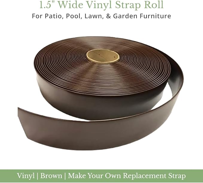 Sunniland Patio 1.5" Wide x 20' Roll Vinyl Strap for Patio Pool Lawn Garden Furniture, Make Your Own Replacement Straps, Includes 20 Free Fasteners, Brown