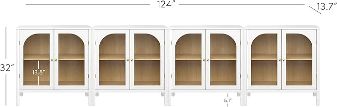 Nathan James Mason Wood Storage Cabinet Accent Sideboard Buffet Credenza TV Stand with Glass Doors and Adjustable Shelf for Dining Room, Entryway or Living Room, Clear Glass/White/Light Oak, Set of 4