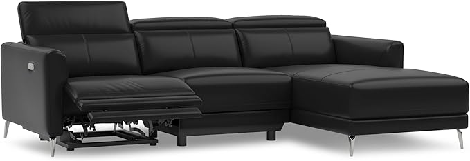 Valencia Andria 99.5" Leather Reclining Sectional Sofa, 3 Seater Reclining Couch with Right Hand Chaise | Italian Nappa 11000 Top Grain Leather | Power Reclining Seat with Adjustable Headrests - Black